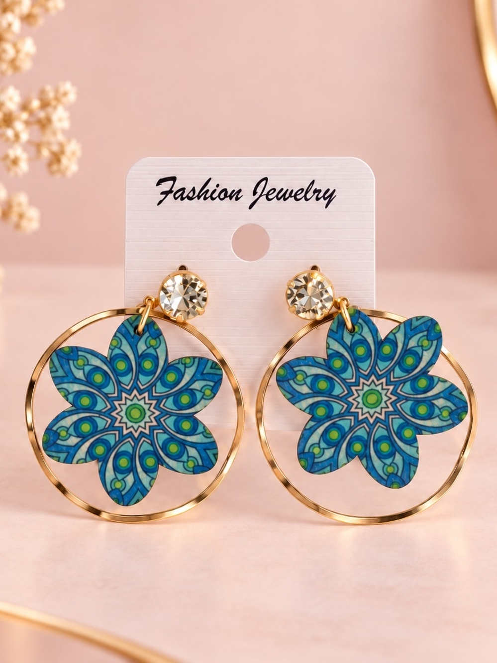Gold Hoop Earrings with Blue Floral Mandala Drops